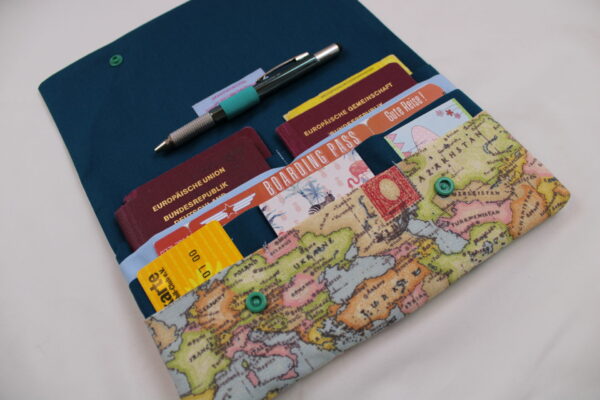Reiseetui für Familien, MODELL 1/ L "Weltkarte/petrolfarben" - Dokumententasche, Passhülle, Brieftasche, Reiseorganizer, Etui Reiseunterlagen