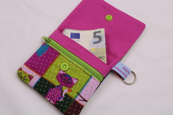 Kinder-Geldbeutel "Katzen grün + pink" mit Reißverschlussfach, Steckfach und Schlüsselring, Geldbörse, Minibörse, Portemonnaie