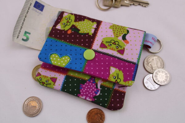 Kinder-Geldbeutel "Katzen grün + pink" mit Reißverschlussfach, Steckfach und Schlüsselring, Geldbörse, Minibörse, Portemonnaie