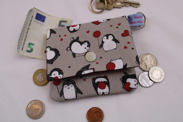 Kinder-Geldbeutel "Kleiner Pinguin / beige" mit Reißverschlussfach, Steckfach und Schlüsselring, Geldbörse, Minibörse, Portemonnaie