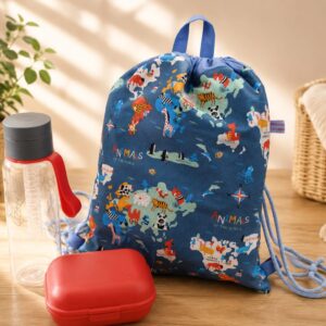 Handgefertigter Turnbeutel-Rucksack für Kinder aus 100 % Baumwolle. Gefüttert, leicht und praktisch – perfekt für Kindergarten, Schule, Sport