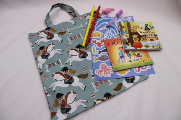 Kindertasche, Einkaufstasche "Springreiten" - KiTa-Tasche, Malbuchtasche, Geschenktasche, Tragetasche, Freundebuchtasche, Stoffbeutel