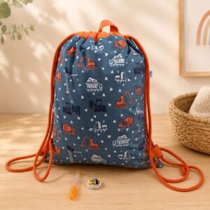 Turnbeutel Kinder, Kinderrucksack "Baufahrzeuge rauchblau", Gr. S, Kitatasche, Sportbeutel, Kindertasche