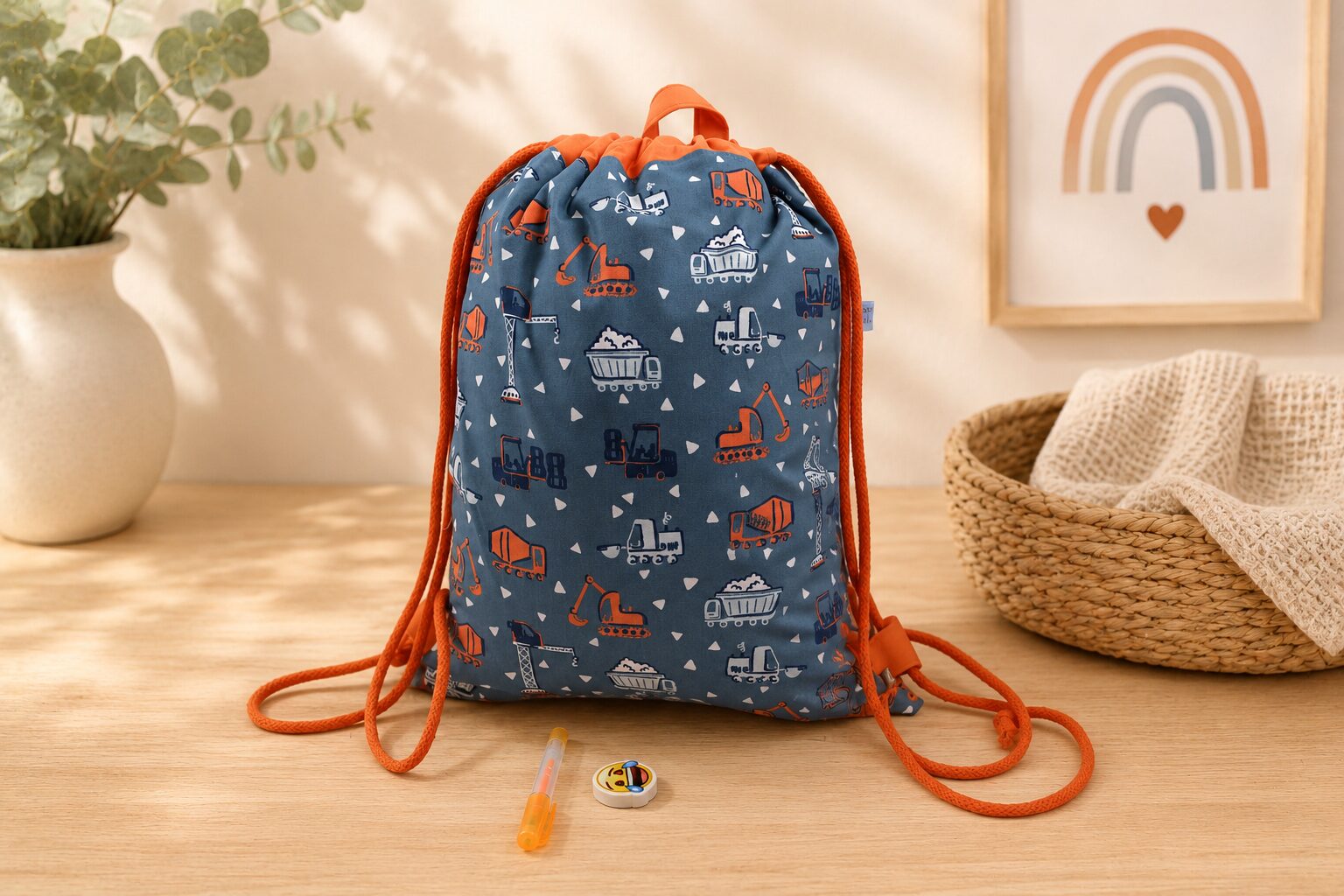 Turnbeutel-Rucksack für Kinder Baufahrzeuge Turnbeutel Kinder, Kinderrucksack "Baufahrzeuge rauchblau", Gr. S, Kitatasche, Sportbeutel, Kindertasche