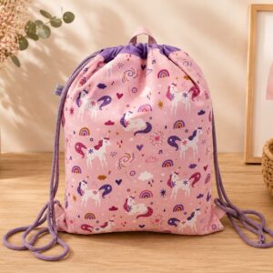Turnbeutel Kinder, Kinderrucksack "Einhörner pink-violett", Gr. S, Kitatasche, Sportbeutel, Kindertasche