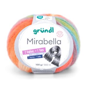 Wolle Gründl / MIRABELLA 100g, Farbe grün/orange/flamingo/türkis, 80 % Polyacryl, 20 % Wolle, 2 Knäuel = 1 Dreieckstuch, für Nadeln 3,50 - 4,50mm