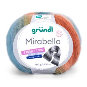 Wolle Gründl / MIRABELLA 100g, Farbe rot/grün/petrol/nude, 80 % Polyacryl, 20 % Wolle, 2 Knäuel = 1 Dreieckstuch, für Nadeln 3,50 - 4,50mm