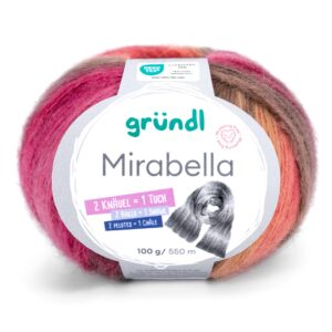 Wolle Gründl / MIRABELLA 100g, Farbe rot/fuchsia/braun/nude, 80 % Polyacryl, 20 % Wolle, 2 Knäuel = 1 Dreieckstuch, für Nadeln 3,50 - 4,50mm