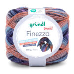 Wolle Gründl / FINEZZA 200g Großknäuel, Farbe kürbis-aqua-lila-blau, 55 % Schurwolle, 45 % Polyacryl, 1 Knäuel = 1 Dreieckstuch, für Nadeln 3,50 - 4,50mm
