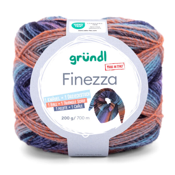 Wolle Gründl / FINEZZA 200g Großknäuel, Farbe kürbis-aqua-lila-blau, 55 % Schurwolle, 45 % Polyacryl, 1 Knäuel = 1 Dreieckstuch, für Nadeln 3,50 - 4,50mm