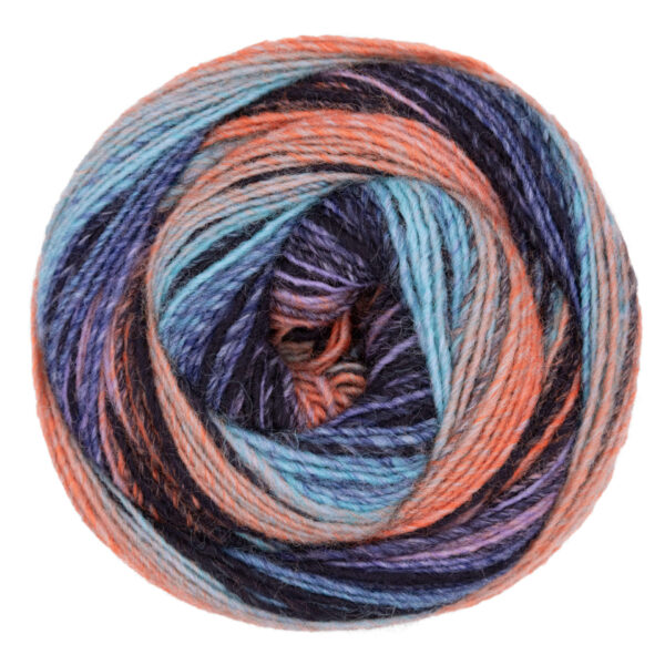 Wolle Gründl / FINEZZA 200g Großknäuel, Farbe kürbis-aqua-lila-blau, 55 % Schurwolle, 45 % Polyacryl, 1 Knäuel = 1 Dreieckstuch, für Nadeln 3,50 - 4,50mm