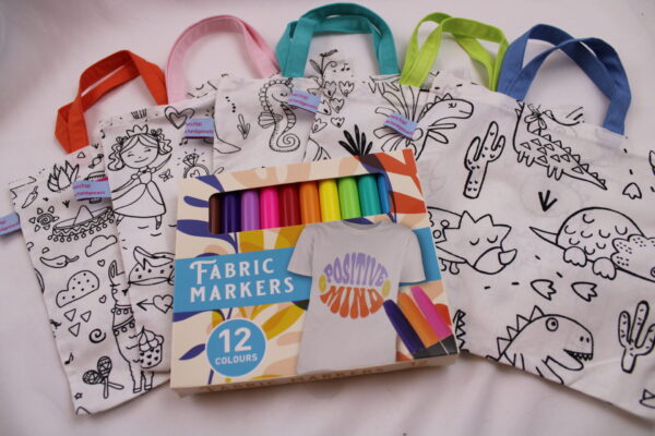 5er-SET - Kindertasche + 12 Stifte/ Ausmaltasche für Kinder im Mix - Geschenktasche, Mitgebseltüte, Kindergartentasche, Kinderparty, Kindergeburtstag