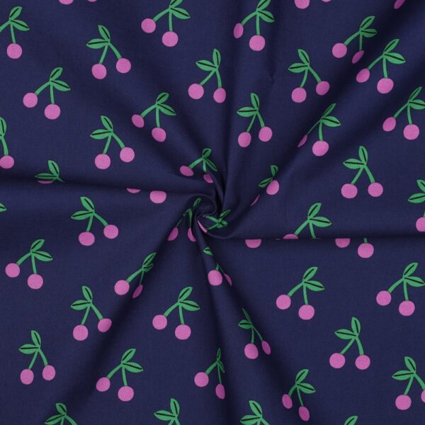 Dekostoff, beschichtete Baumwolle "Kirschen" navy-pink