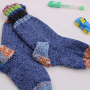 Gr. 24/25 - Kinder-Wollsocken handgestrickt, jeansblau/bunt