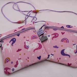 Kleiner Kinder-BRUSTBEUTEL "Einhörner lila-pink" mit Sicherheitsverschluss und Reflektorfähnchen; Brusttasche, Geldbörse, Geldbeutel