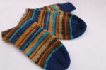 Gr. 36/37 - Wollsocken handgestrickt, gestreift blau-orange-braun