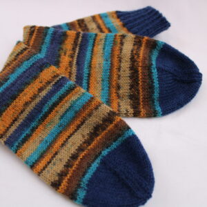 Gr. 36/37 - Wollsocken handgestrickt, gestreift blau-orange-braun