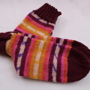 Gr. 36/37 - Wollsocken handgestrickt, gestreift, Rot- und Gelbtöne