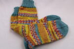 Gr. 37/38 - Wollsocken handgestrickt, Jacquardmuster, gelb/orange/aqua