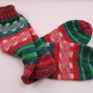 Gr. 38/39 - Wollsocken handgestrickt, extra dick, aus 6-fädiger Wolle, grün/rot/weiß