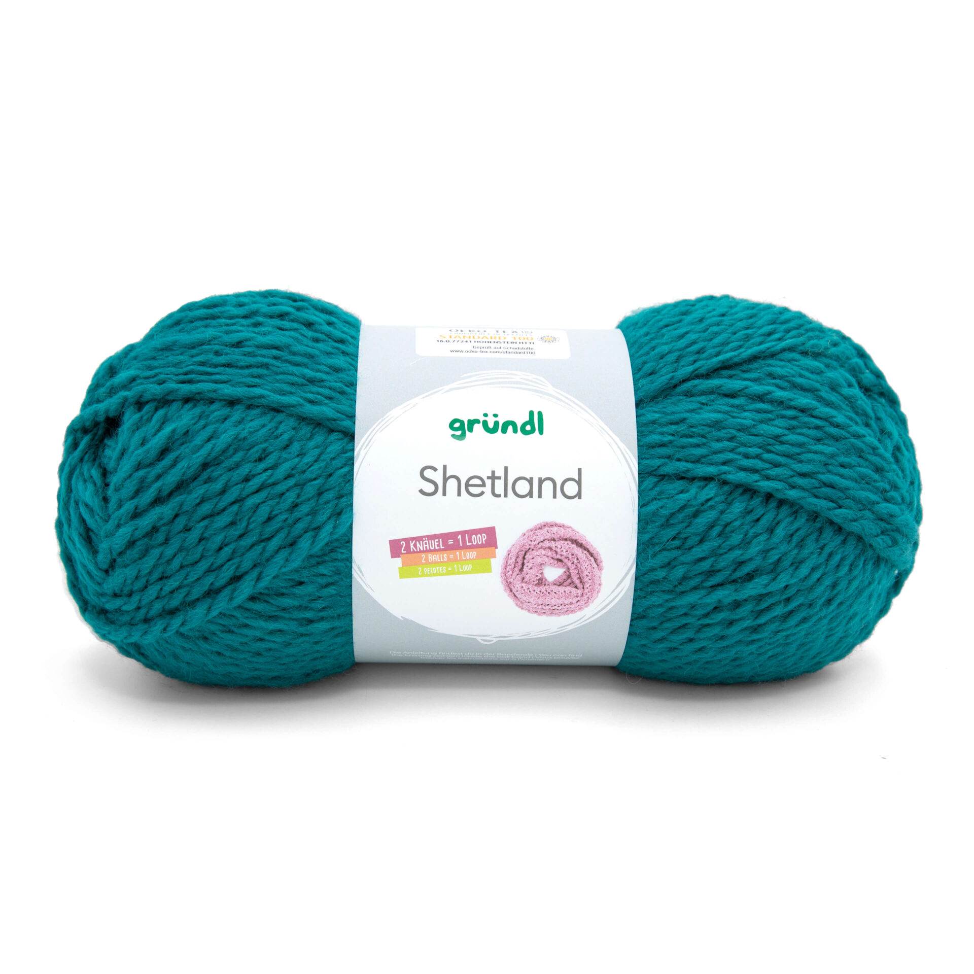 3433-18__Shetland_B1_3840x3840 Wolle Gründl / SHETLAND 100g, Farbe 18 - Petrol, 80 % Polyacryl, 20 % Wolle, 2 Knäuel = 1 Loop, Anleitung in der Banderole, für Nadeln 7-8mm
