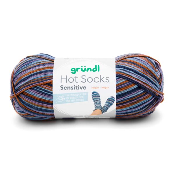 Wolle Gründl / Hot socks sensitive (01) - VEGANE Sockenwolle,100g, 4-fädig, jeansblau-camel-violet