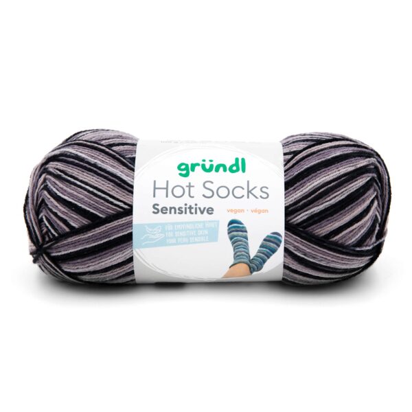 Wolle Gründl / Hot socks sensitive (08) - VEGANE Sockenwolle,100g, 4-fädig, schwarz-grau-beige