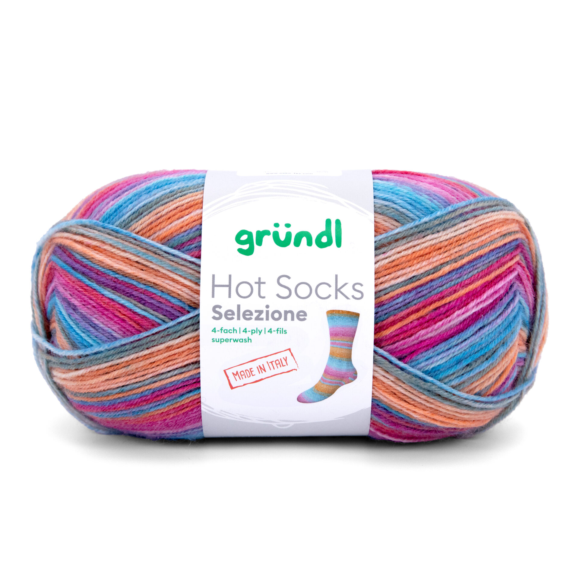 Hot_Socks_Selezione_4-fach_EK_rgb_116 Wolle Gründl / Selezione (116) - Sockenwolle 100g, 4-fädig - 75% Schurwolle, 25% Polyamid, für Nadelstärke 2,5-3,0mm