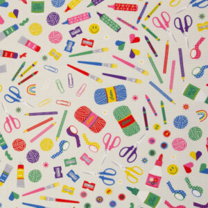 Dekostoff "Bastelzubehör" - Webware Mischgewebe, bunte Farben, kräftiger Griff