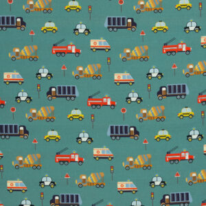 Kinderstoff / Baumwoll-Webware / Fahrzeuge smaragd