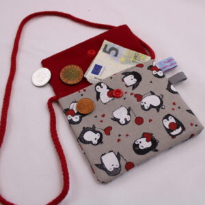 Kinder-BRUSTBEUTEL "Pinguin mit Herz" mit Druckknopf, Reflektorfähnchen; mit oder ohne Klarsichtfach/Fahrkartenfach, Brusttasche