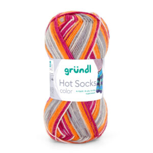 Wolle Gründl / Hot socks color (02) magenta-kürbis-grau-naturweiß - Sockenwolle 50g, 4-fädig, für Nadeln 2.5 - 3.0mm