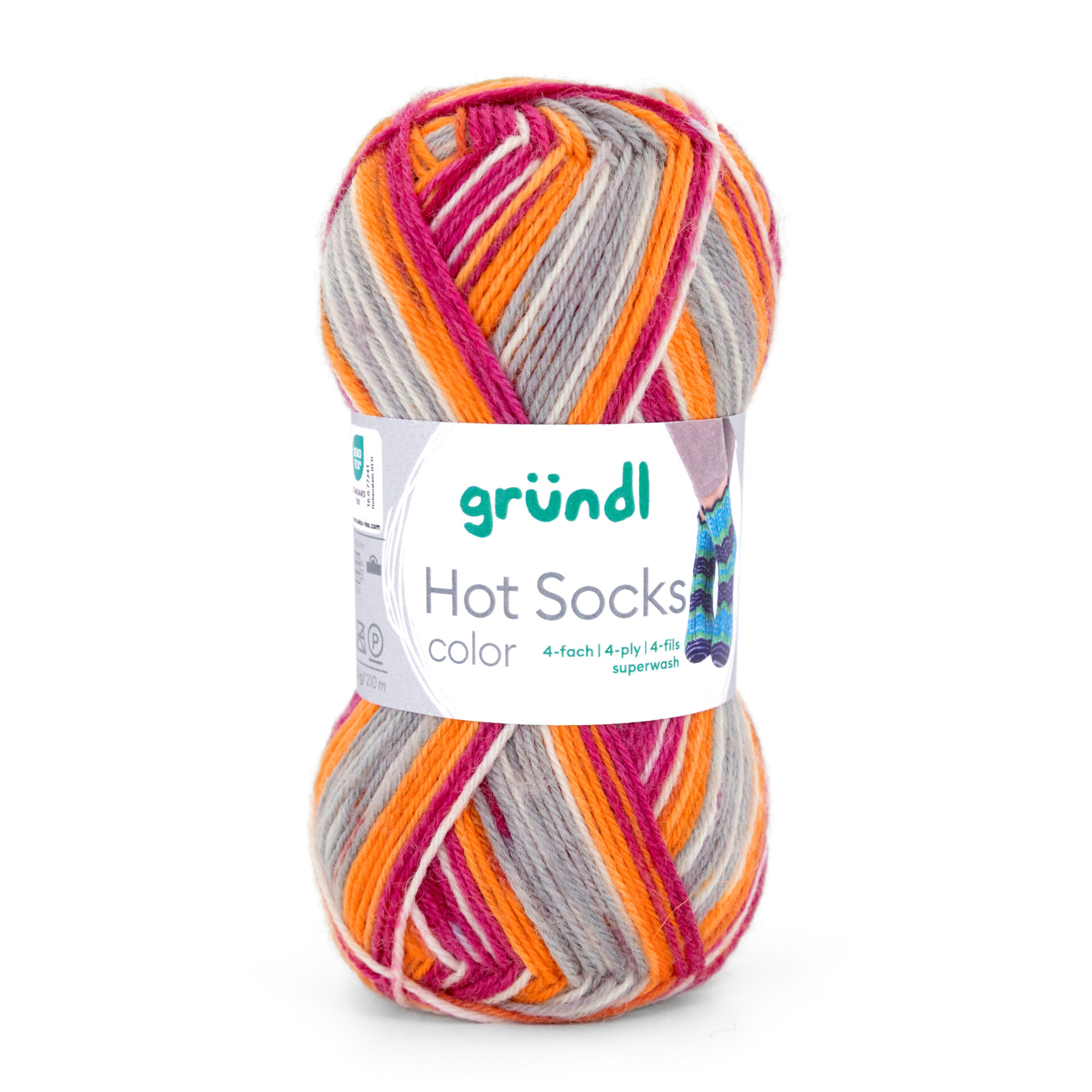 Hot_Socks_color_EK_rgb_02 Wolle Gründl / Hot socks color (02) magenta-kürbis-grau-naturweiß - Sockenwolle 50g, 4-fädig, für Nadeln 2.5 - 3.0mm