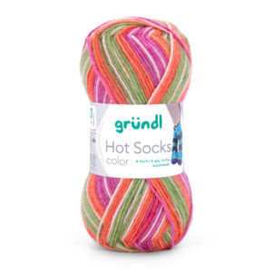 Wolle Gründl / Hot socks color (09) moosgrün-koralle-pink-creme - Sockenwolle 50g, 4-fädig, für Nadeln 2.5 - 3.0mm