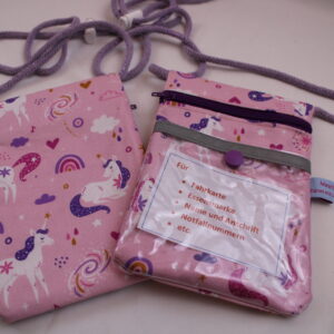 BRUSTBEUTEL / Umhängetäschchen für Kinder "Einhörner lila-pink" mit Klarsichtfach mit Reflektorstreifen; Geldbörse, Fahrkartentasche, Kindergeldbeutel