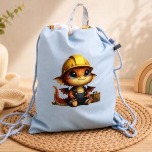 Turnbeutel-Rucksack für Kinder aus Baumwolle mit Bügelbild "Drache an der Baustelle" – leicht, praktisch und handgefertigt