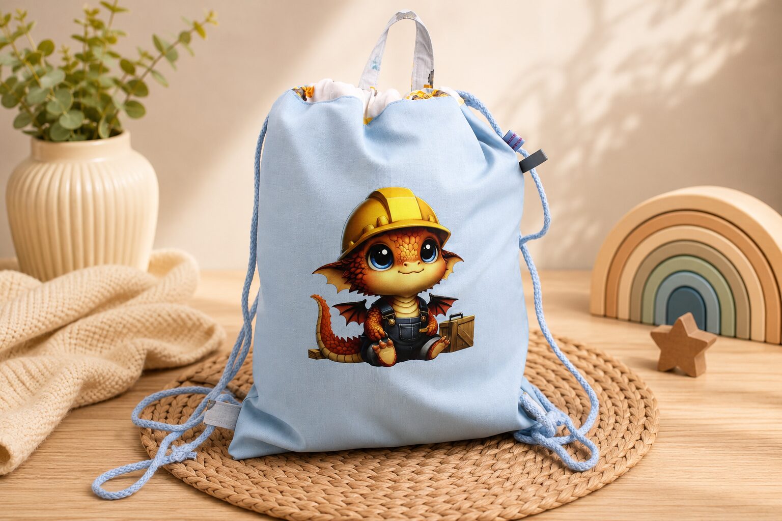 Turnbeutel Rucksack Kinder Bügelbild Drache Bauarbeiter Turnbeutel-Rucksack für Kinder aus Baumwolle mit Bügelbild "Drache an der Baustelle" – leicht, praktisch und handgefertigt