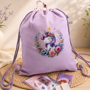 Turnbeutel-Rucksack für Kinder aus Baumwolle mit Bügelbild "Einhorn im Blütenkranz" – leicht, praktisch und handgefertigt