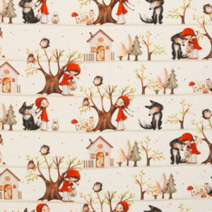 Kinderstoff / Patchworkstoff / Baumwoll-Webware /Baumwollstoff „Fairy Tale“ – Mädchen und Wolf – Webware aus 100 % Baumwolle