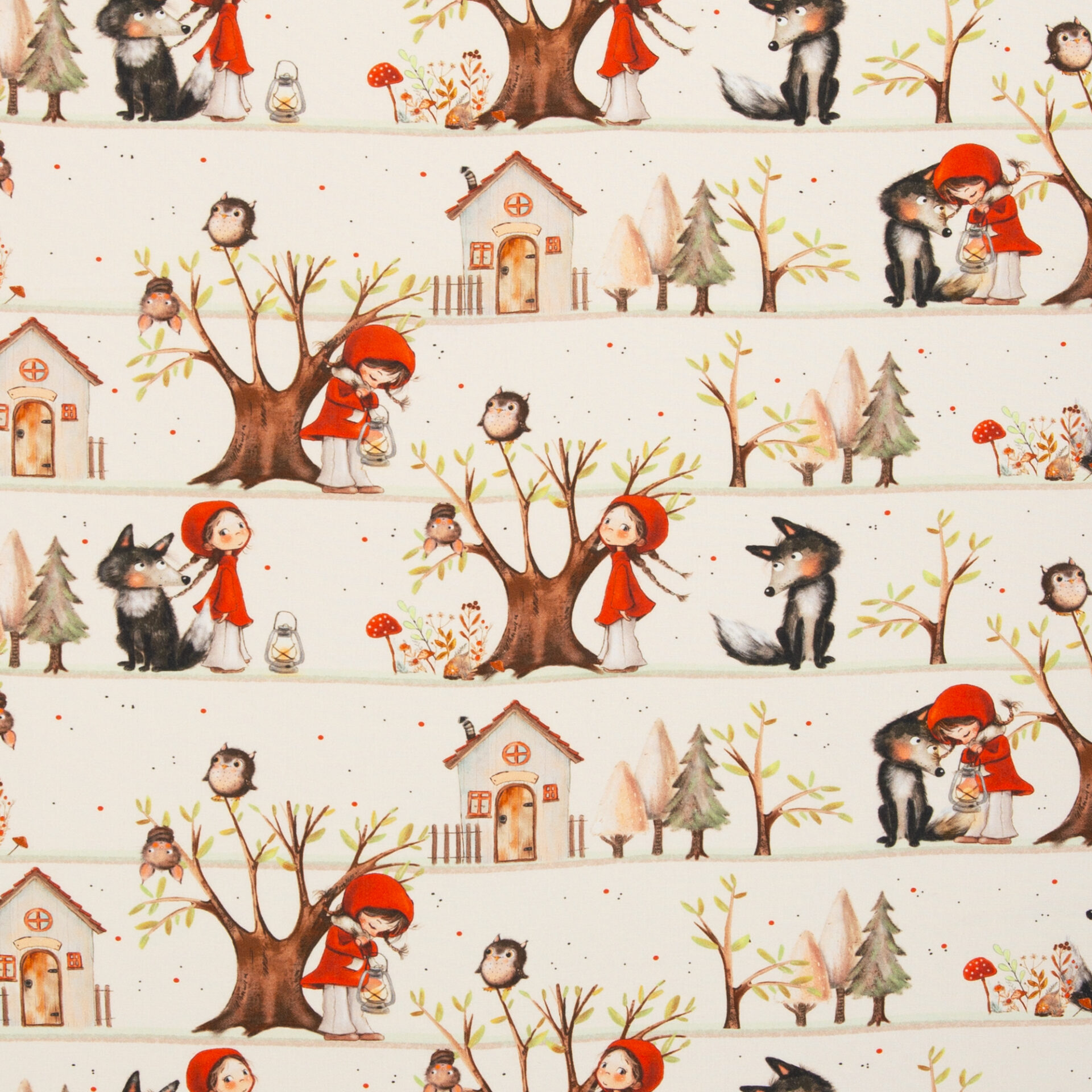 082761-664010-fairytale-baumwollwebware-40(1) Kinderstoff / Patchworkstoff / Baumwoll-Webware /Baumwollstoff „Fairy Tale“ – Mädchen und Wolf – Webware aus 100 % Baumwolle