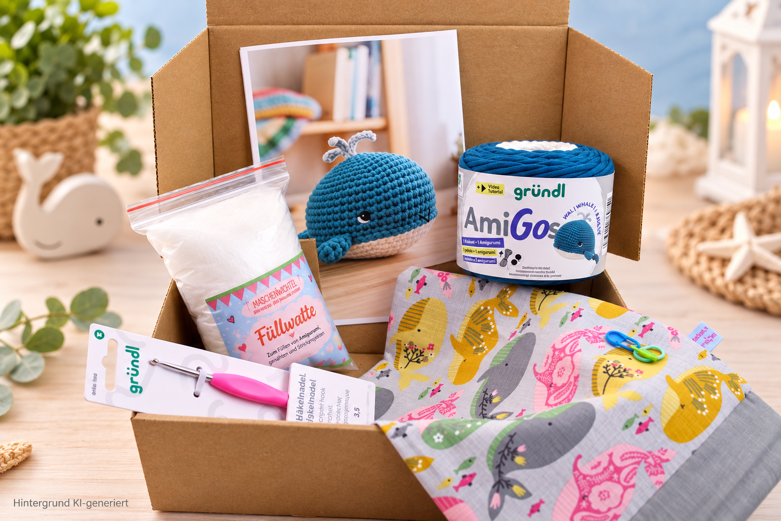 DIY Häkelset AmiGo Wal Wally Komplettes DIY-Häkelset / Geschenkset für AmiGo Wal Wally von Gründl: mit AmiGo-Wolle, Häkelnadel, Füllwatte, Maschenmarkierern und handgefertigter Projekttasche
