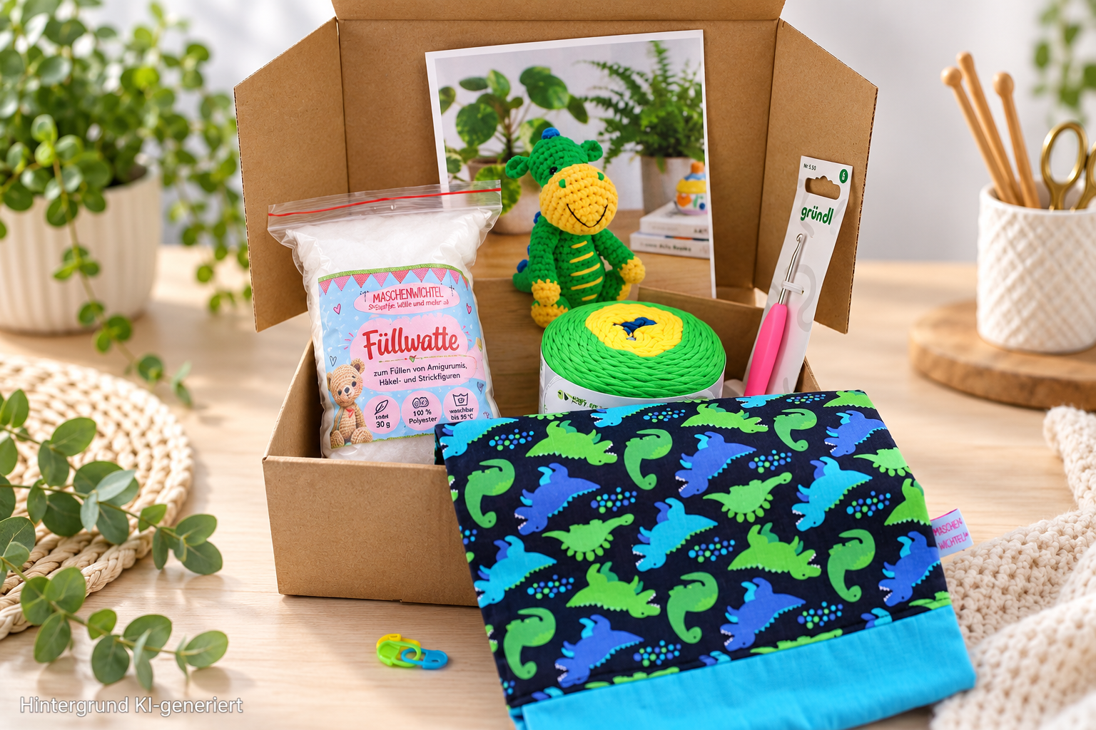 Geschenkset Häkelfigur AmiGo Dino Denny Komplettes DIY-Häkelset / Geschenkset für AmiGo Dino Denny von Gründl: mit AmiGo-Wolle, Häkelnadel, Füllwatte, Maschenmarkierern und handgefertigter Projekttasche