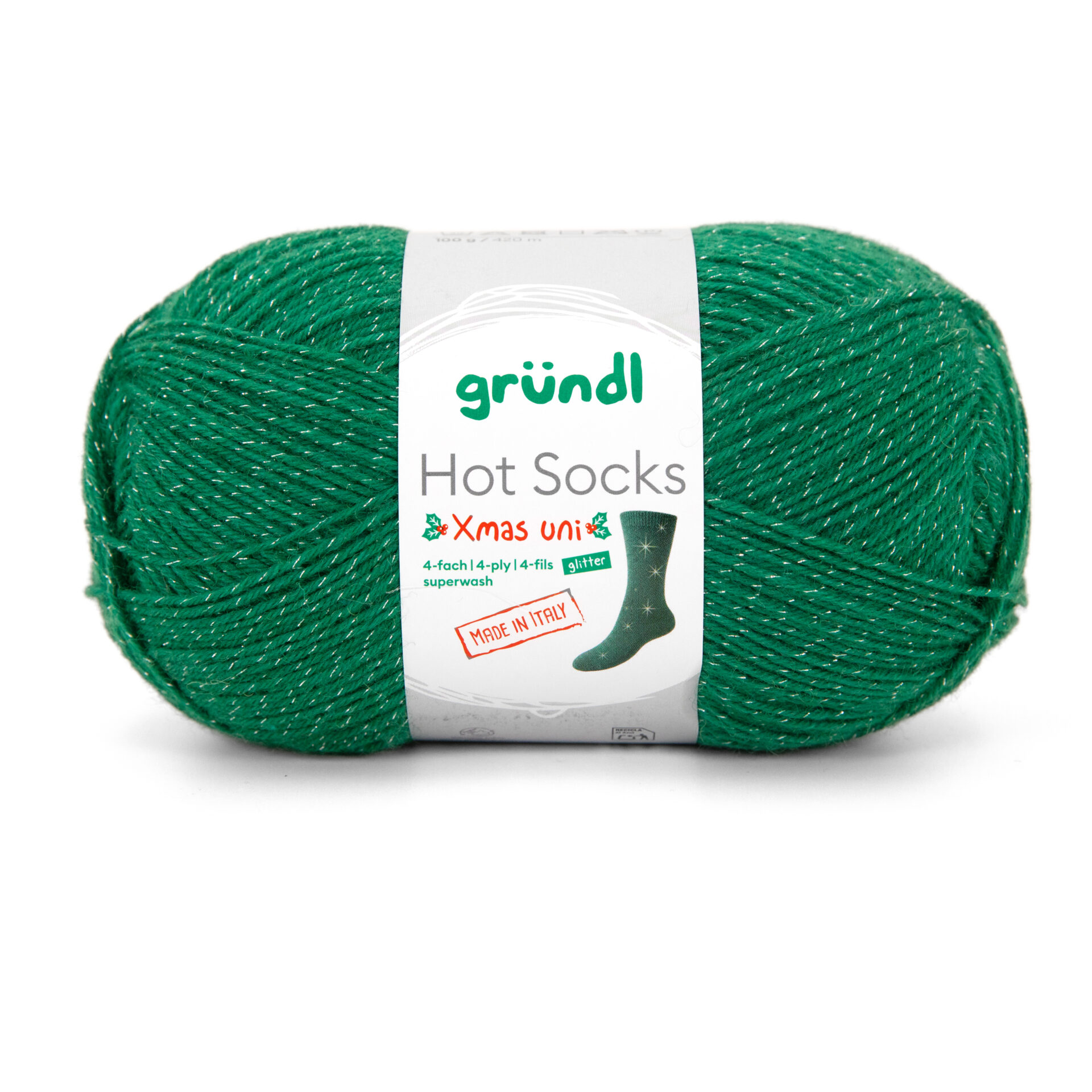 Hot_Socks_Xmas_4fach_EK_rgb_01 Wolle Gründl / Hot socks XMAS Glitter 4-fach (6498) - Weihnachts-Sockenwolle uni TANNENGRÜN, mit Glitzerfaden, 100g, 4-fädig