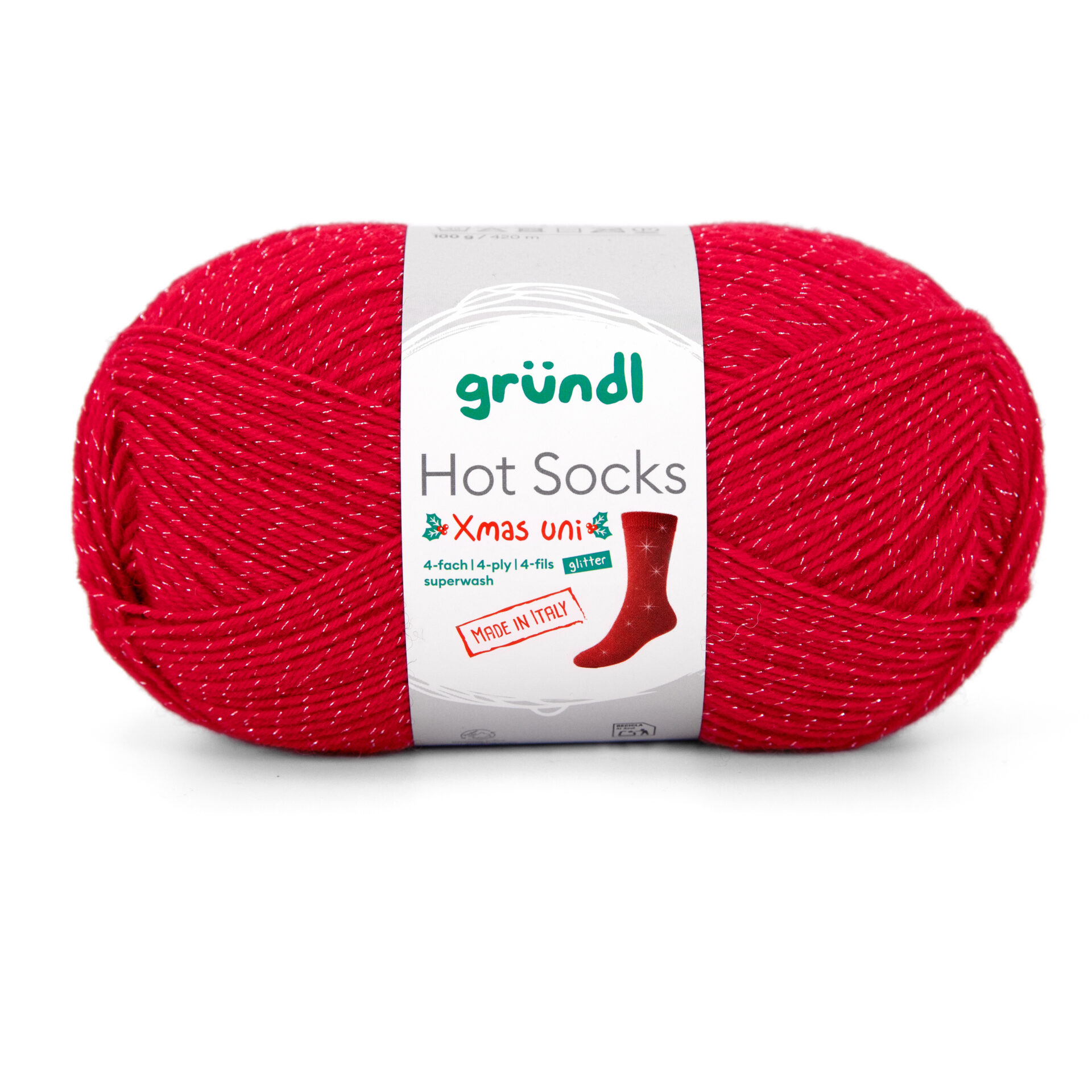 Hot_Socks_Xmas_4fach_EK_rgb_02 Wolle Gründl / Hot socks XMAS Glitter 4-fach (6499) - Weihnachts-Sockenwolle uni ROT, mit Glitzerfaden, 100g, 4-fädig