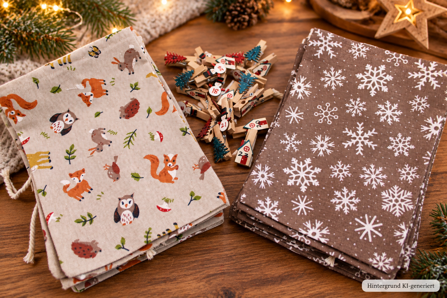 Adventskalender-Säckchen XL Waldtiere naturfarben 12.10 24 Adventskalender-Säckchen XL "Waldtiere, naturfarben", handgenäht, zum Selbst-Befüllen, Leinenoptik, zeitlos