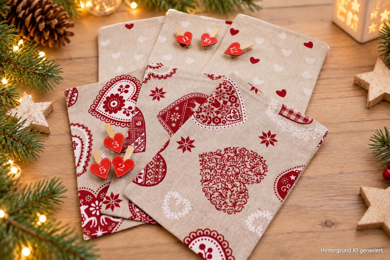 Festlicher Adventskalender mit Herzanhängern 24 Adventskalender-Säckchen XL "Herzig", handgenäht, zum Selbst-Befüllen, im romantischen Landhausstil, Leinenoptik